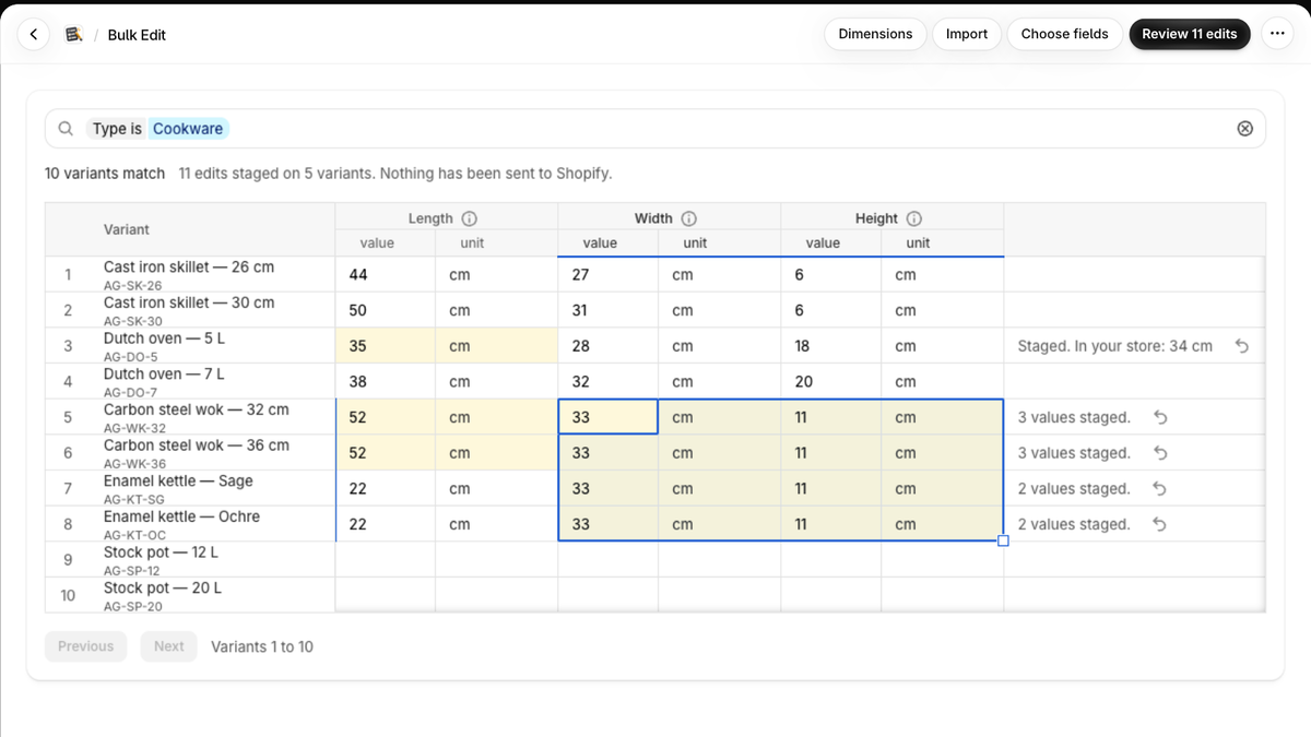 A grid of variants with length, width and height as columns, filtered to one product type, with filled-down cells tinted as staged.